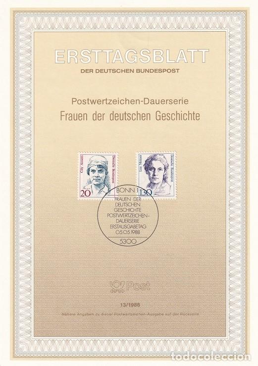 Timbres: Ersttagsblatt 13/1988 Bon - Mujeres famosas: Cilly Aussem ( tenista ) y Lise Meitner ( f&iacute;sica )