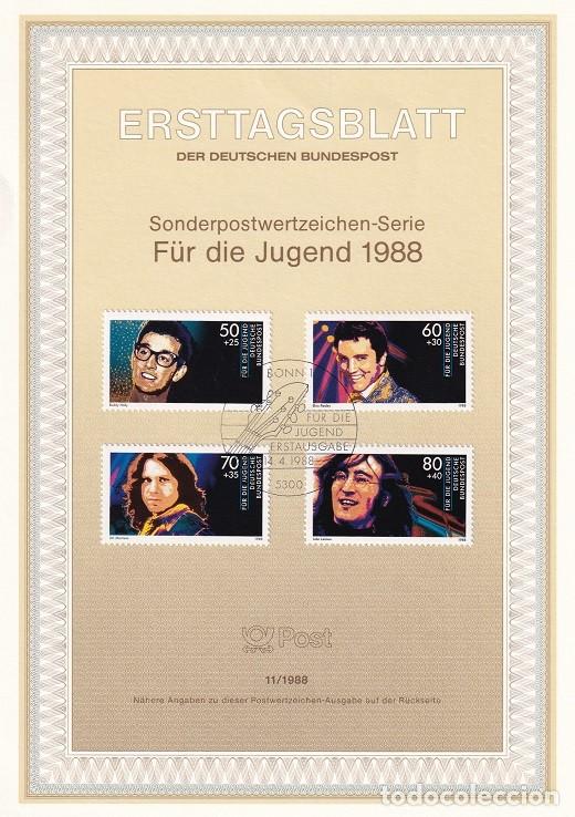 Briefmarken: Ersttagsblatt 11/1988 Bon - Pro juventud Cantantes : Buddy Holly , Elvis Presley , John Lennon , J..