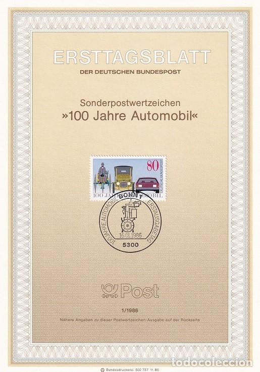Timbres: Ersttagsblatt 1/1986 Bon - Centenario industria del autom&oacute;vil Triciclo Benz coche saloon 1912 actual