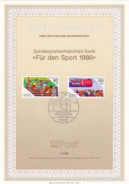 Stamps: Ersttagsblatt 2/1986 Bon - Pro deporte &middot; Carrera &middot; Bobsleigh - F&uuml;r den Sport 1986