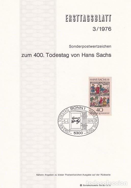 Sellos: Ersttagsblatt 3/1976 Bon / zum 400. Todestag von Hans Sachs - 400 Aniv. muerte del poeta Hans Sach..