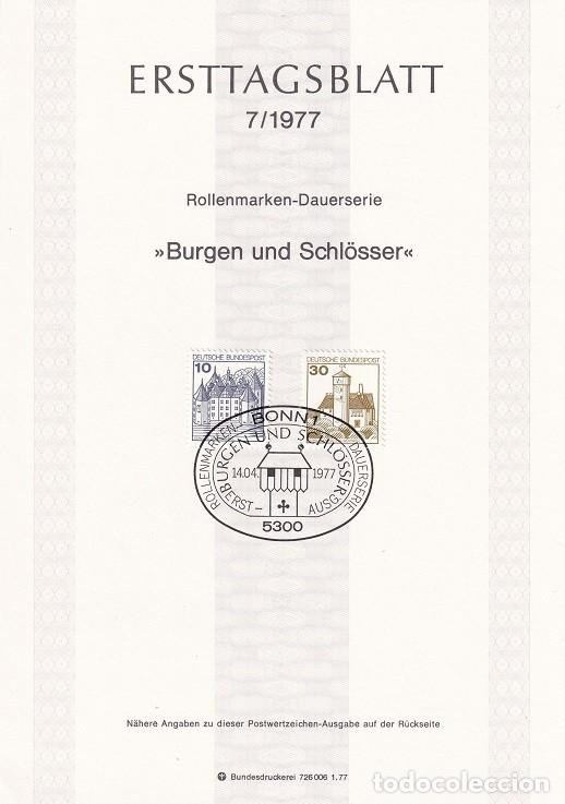 Sellos: Ersttagsblatt 7/1977 Bon / Burgen und Schl&ouml;sser - Castillos y palacios &middot; Gl&uuml;cksburg &middot; Stronghold L..