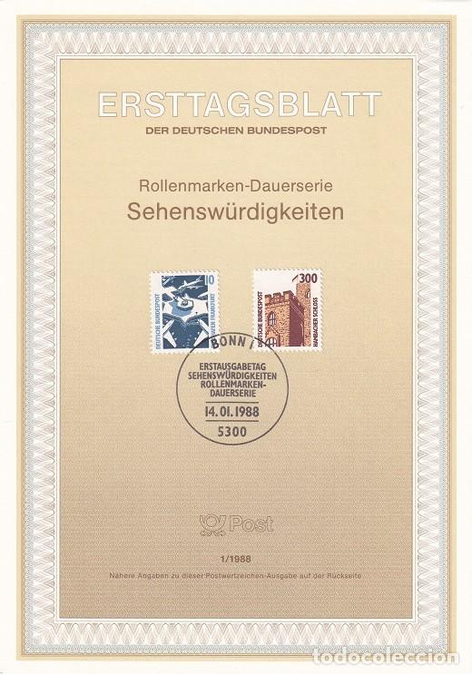 Briefmarken: Ersttagsblatt 1/1988 Berl&iacute;n / Sehensw&uuml;rdigkeiten - Paisajes &middot; Aeropuerto de Frankfurt &middot; Castillo d..