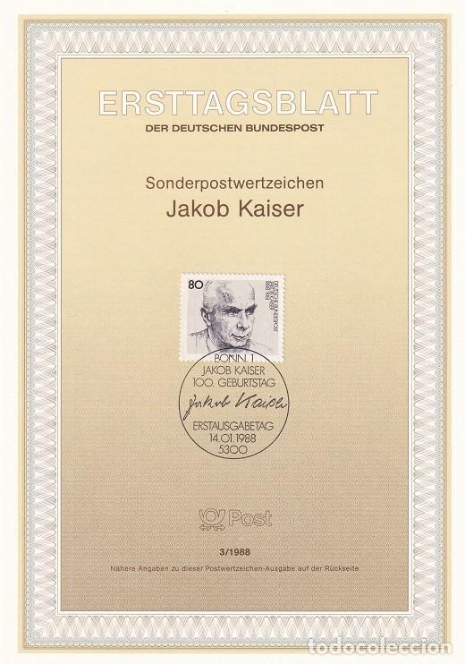 Briefmarken: Ersttagsblatt 3/1988 Bon / Jakob Kaiser - Centenario del nacimiento del pol&iacute;tico Jakob Kaiser 1888..