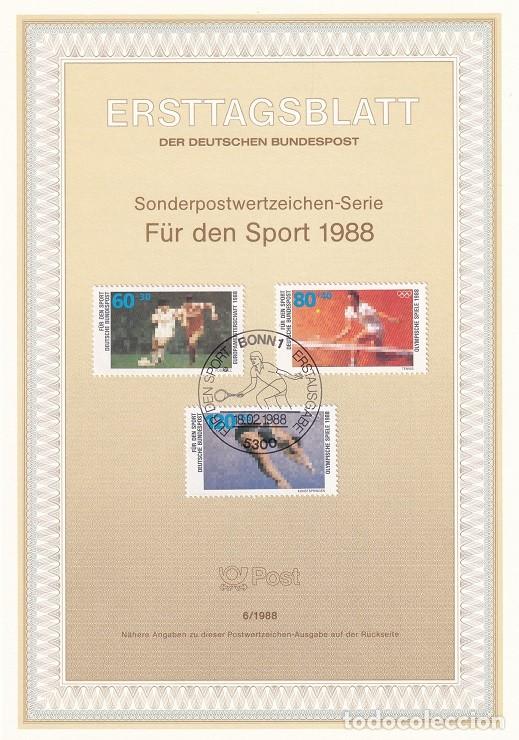 Briefmarken: Ersttagsblatt 6/1988 Bon / F&uuml;r den Sport 1988 - Pro deporte &middot; F&uacute;tbol &middot; Tenis &middot; Salto de trampol&iacute;n