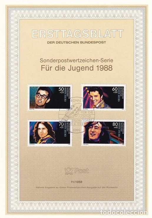 Briefmarken: Ersttagsblatt 11/1988 Bon - Pro juventud Cantantes : Buddy Holly , Elvis Presley , John Lennon , J..