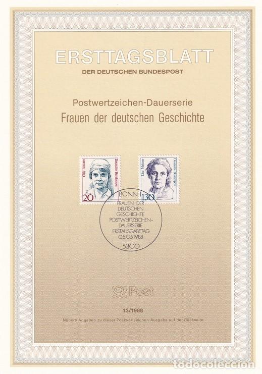 Sellos: Ersttagsblatt 13/1988 Bon - Mujeres famosas: Cilly Aussem ( tenista ) y Lise Meitner ( f&iacute;sica )