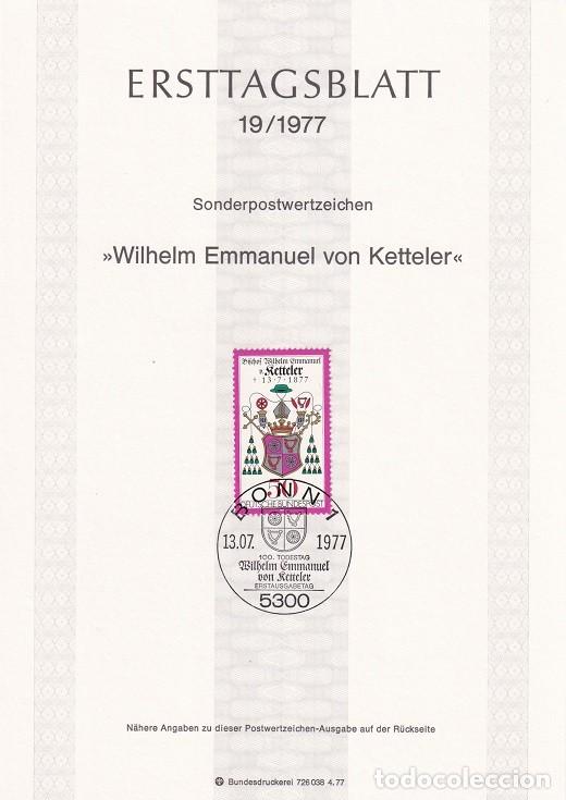 Stamps: Ersttagsblatt 19/1977 Bon - Centenario muerte Obispo de Mainz Wilhelm Emmanuel von Kettler &middot; Escudo