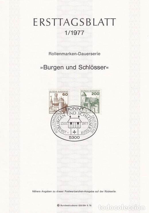 Stamps: Ersttagsblatt 1/1977 Berl&iacute;n / Burgen und Schl&ouml;sser - Castillos y palacios &middot; Marksburg &middot; B&uuml;rresheim