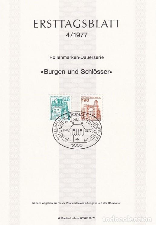 Stamps: Ersttagsblatt 4/1977 Bonn / Burgen und Schl&ouml;sser - Castillos y palacios &middot; Eltz &middot; Castillo de la isla