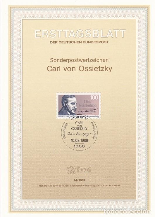 Selos: Ersttagsblatt 14/1989 Berl&iacute;n - Centenario nacimiento periodista y Nobel de la paz Carl von Ossietzky
