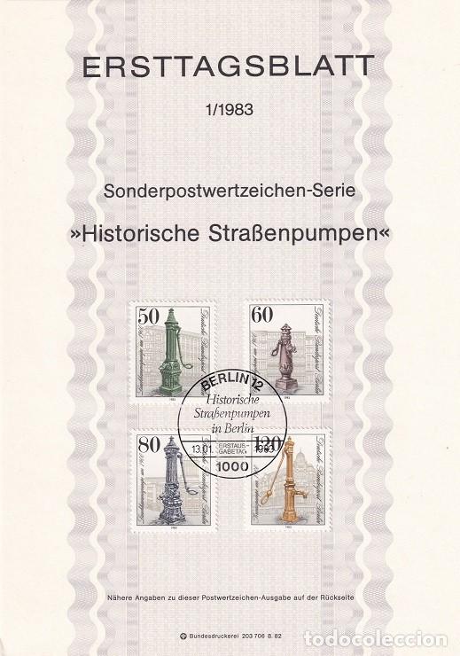 Selos: Ersttagsblatt 1/1983 Berl&iacute;n / Historische Strassenpumpen - Bombas de agua, fuentes &middot; Plaza Klausen..