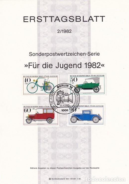 Selos: Ersttagsblatt 2/1982 Berl&iacute;n / F&uuml;r die Jugend 1982 - Pro juventud Bicicletas y autom&oacute;viles de &eacute;poca..