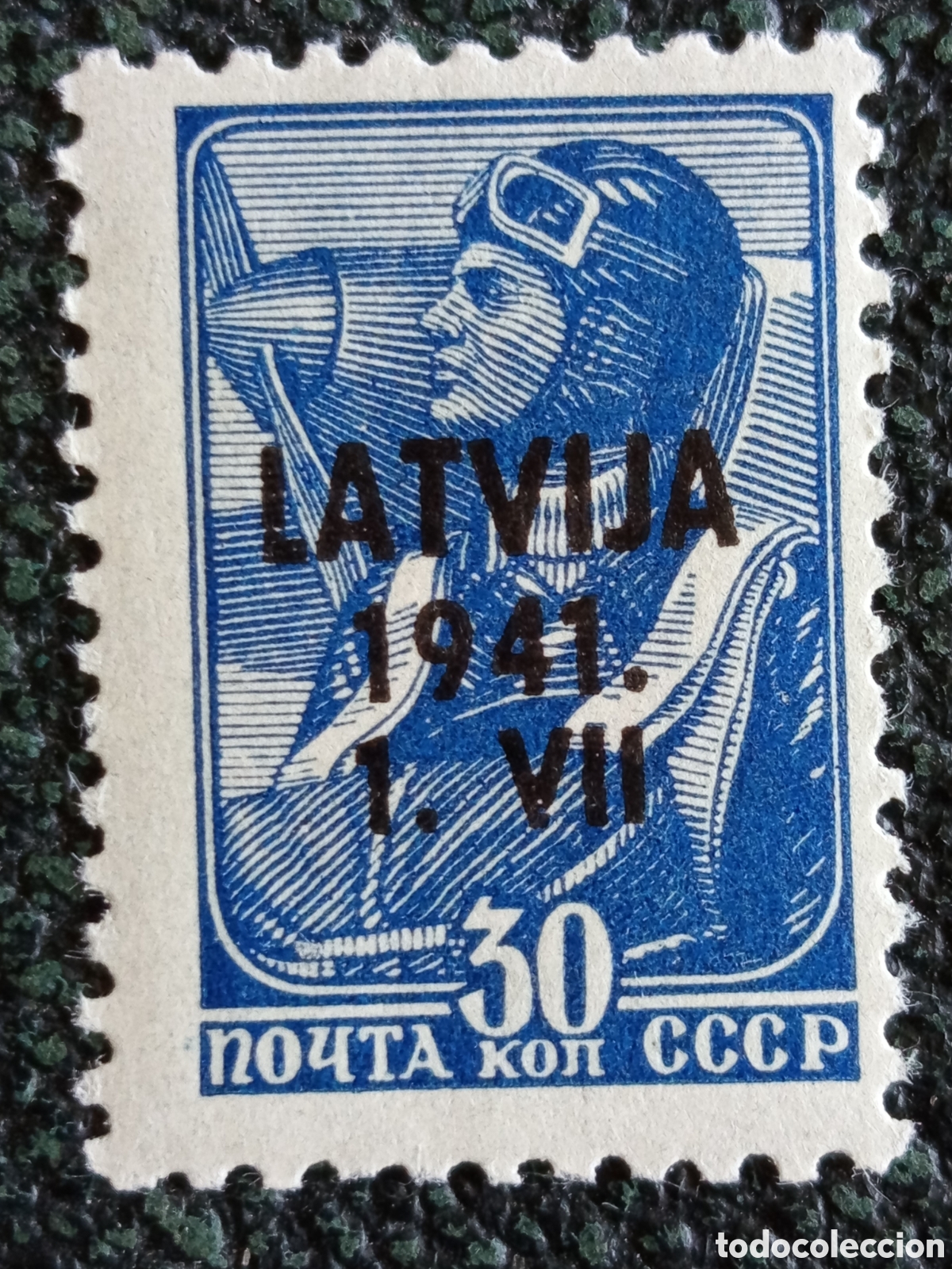 Francobolli: Sello Letonia Ocupaci&oacute;n Alemana 1941 Piloto 30k Sobrecarga MNH Michel 5 (