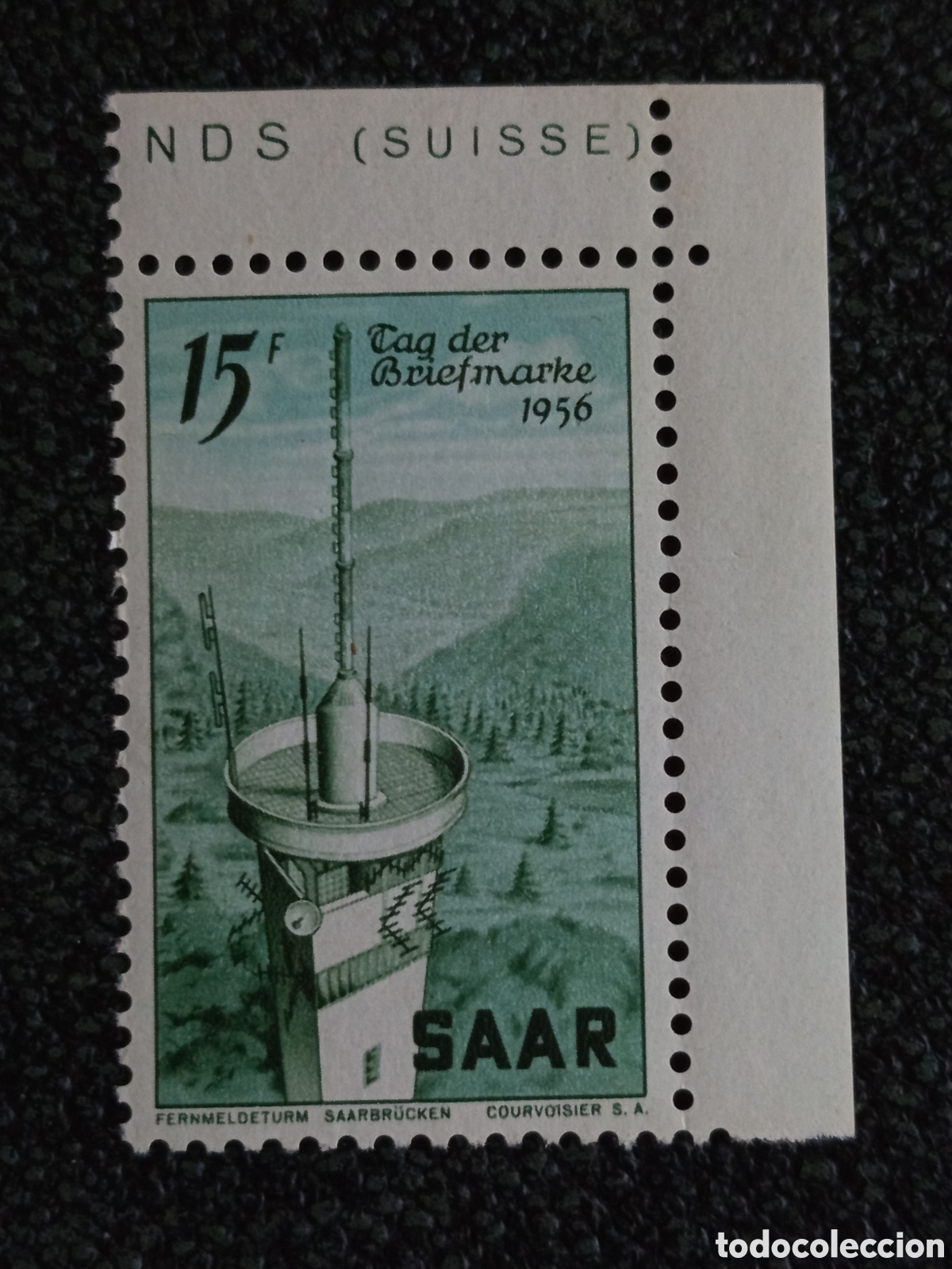 Selos: Sello Sarre Saar 1956 D&iacute;a del Sello Torre Saarbr&uuml;cken 15F MNH Michel 369