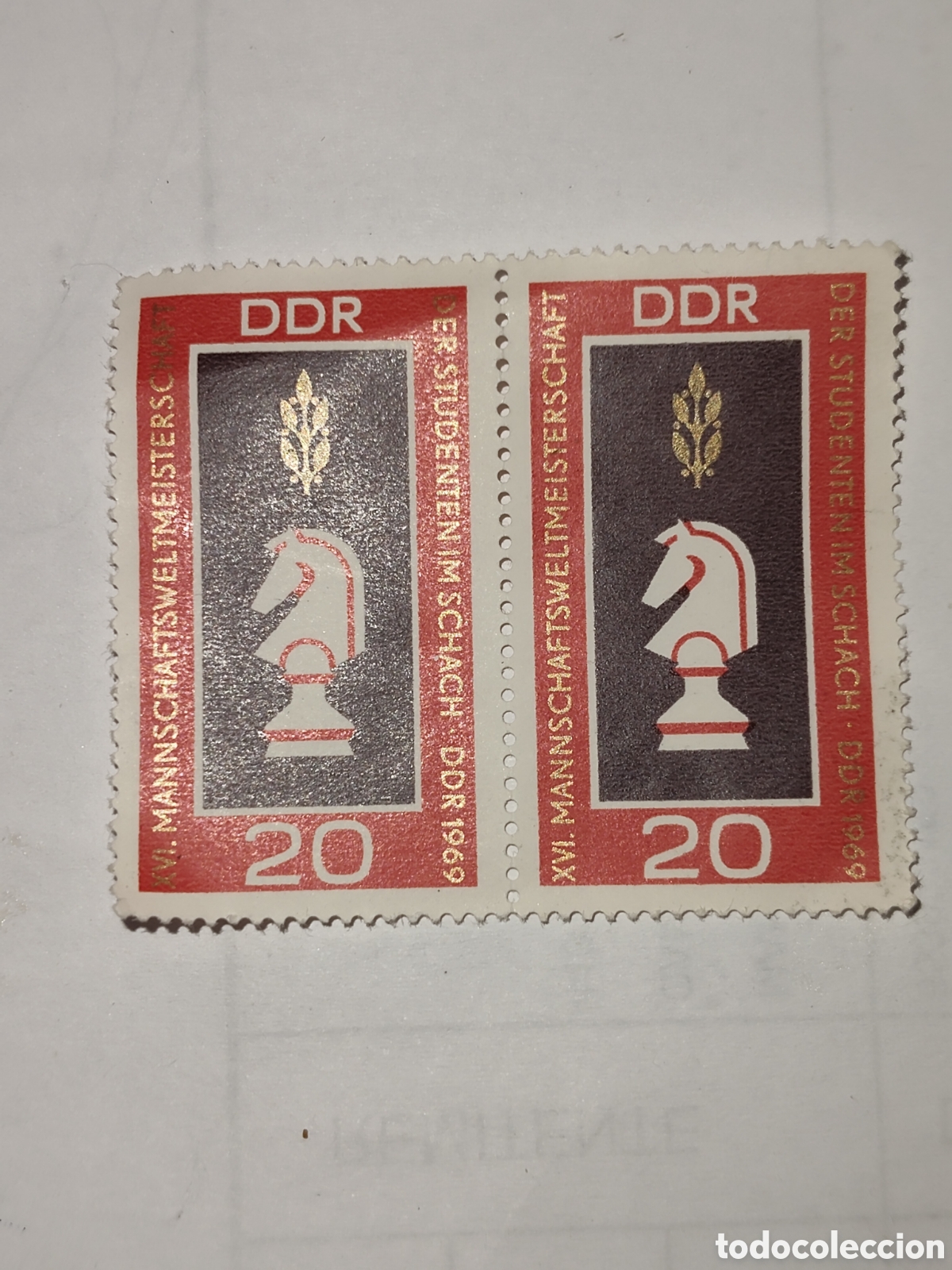Timbres: Bloque de 2 sellos de DDR XVl campeonato mundial de ajedrez por equipos de estudiantes 1969