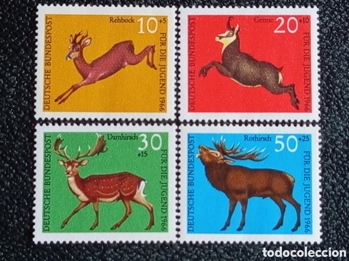 Sellos: Alemania Fed. 1966 Serie Fauna Ciervos MNH (Cat&aacute;logo Scott #B412-15 / Michel #511-14)