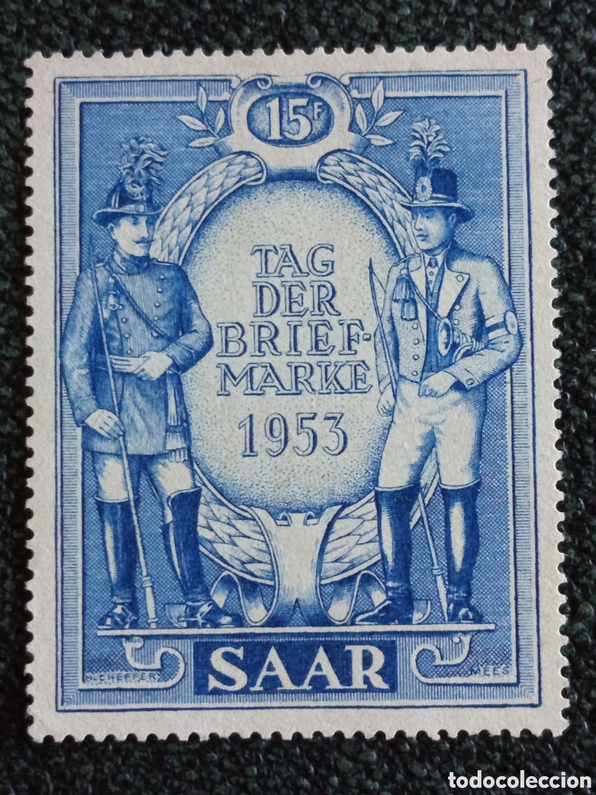 Sellos: Sello Alemania Saar 1953 Dia del Sello Postillones 15f Michel 342 MH
