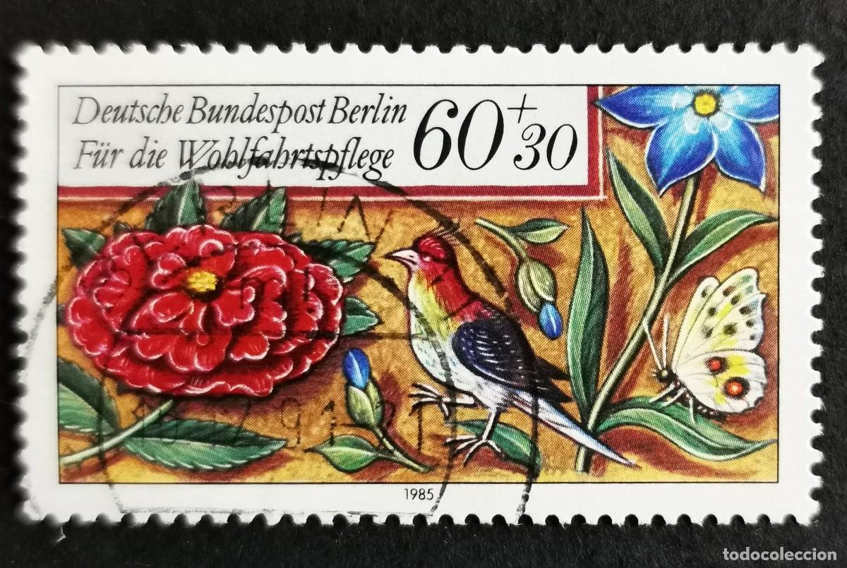 Sellos: Sello Alemania Berl&iacute;n 1985,Flores, p&aacute;jaros y mariposas, 60+30 Pf. Michel: DE-BE 745