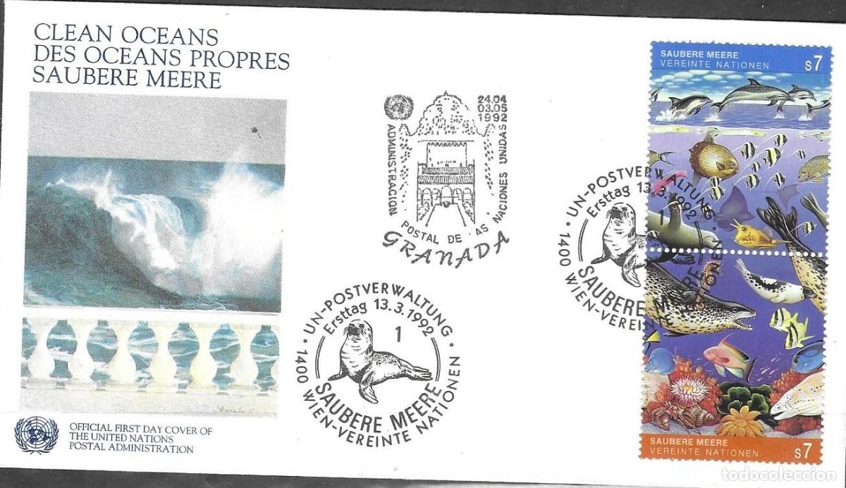 Sellos: FDC Naciones Unidas Viena 1992 - Oc&eacute;anos Limpios Pareja s7 Yvert 139/140 Matasellos Granada