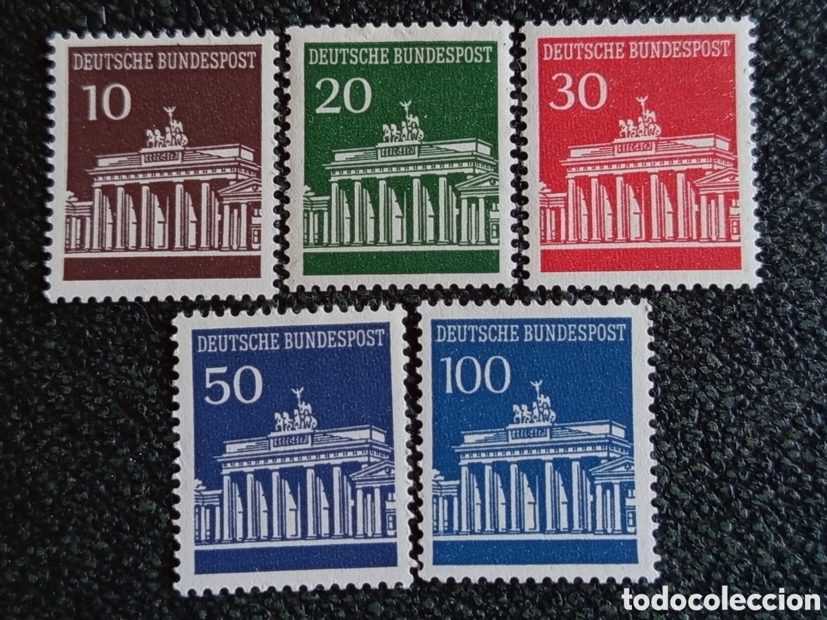 Sellos: Lote 5 Sellos Alemania 1966 Puerta Brandeburgo Nuevos MNH (Scott #952-956 / Mi #506-510)