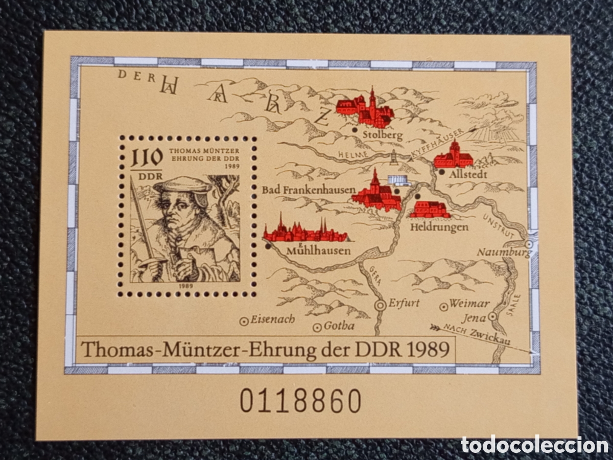 Sellos: Hoja Bloque Alemania Oriental DDR 1989 Thomas M&uuml;ntzer Michel Block 97