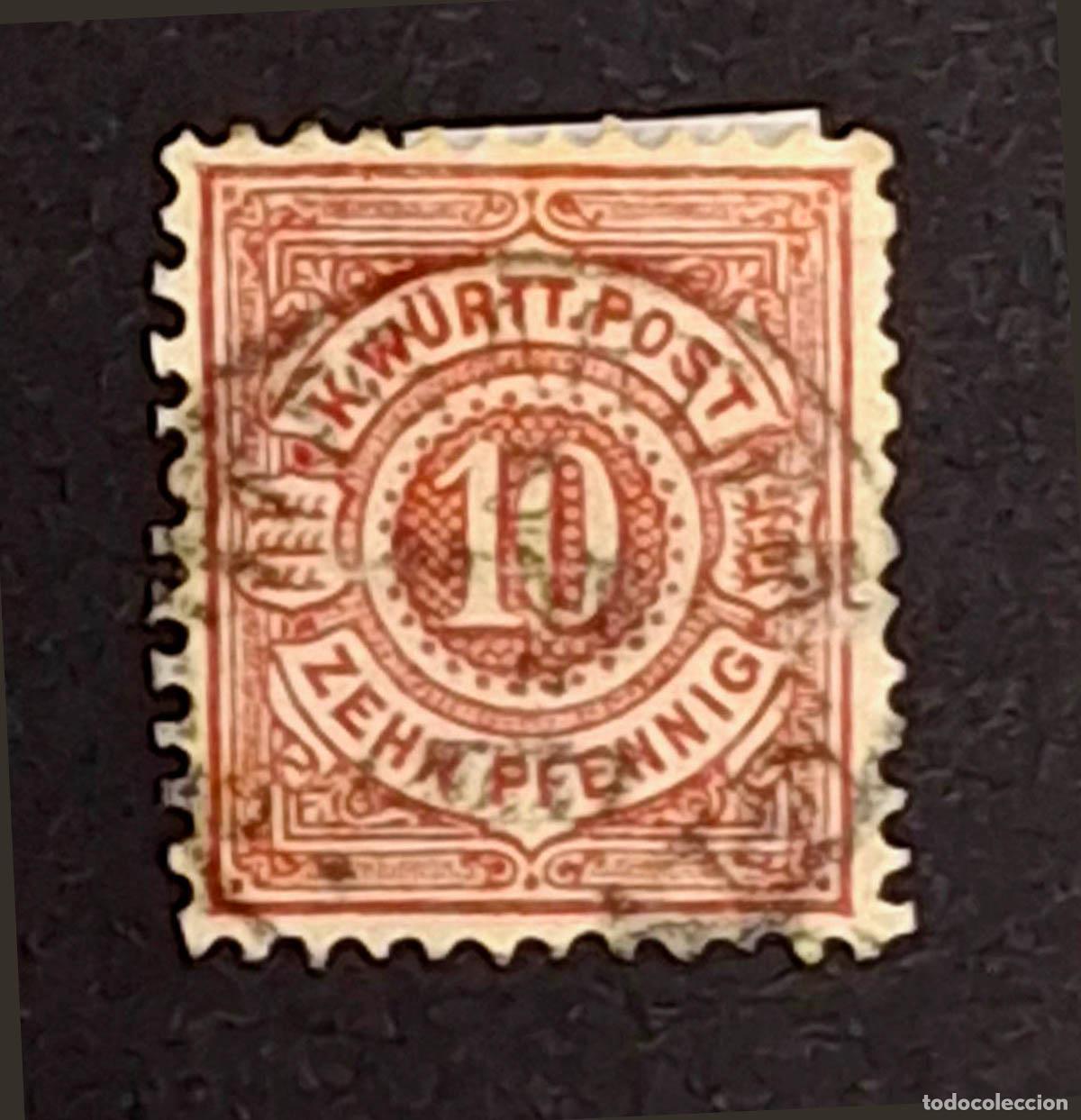 Sellos: 1875, Alemania10 Pfennig, Wurtemberg, cat&aacute;logo Michel n&ordm; 46 - Scott n&ordm; 60
