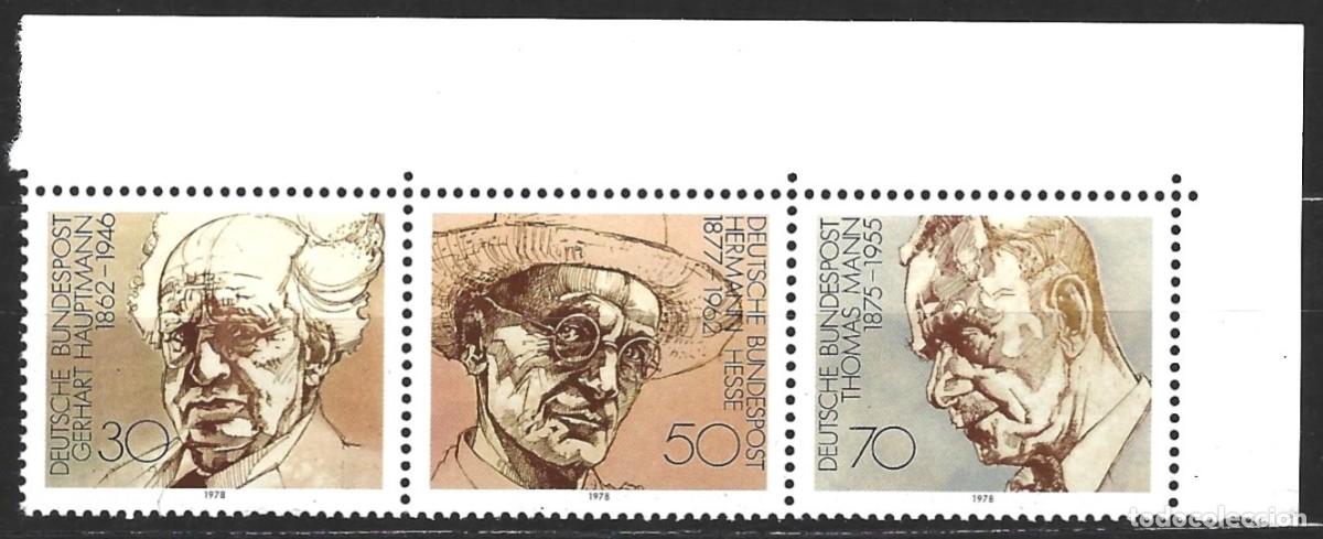 Sellos: ALEMANIA FEDERAL - 1978 - PREMIOS NOBEL - G. HAUPTMANN, H. HESSE , TH. MANN - 3 ESCRITORES - MNH