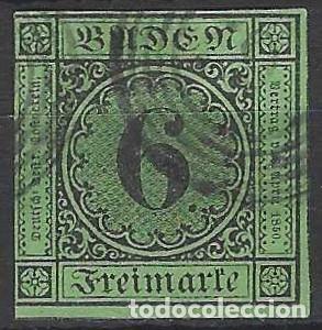 Sellos: BADEN 1851-52 - CIFRAS, TINTA NEGRA SOBRE PAPEL COLOREADO, 6 KR. VERDE - USADO