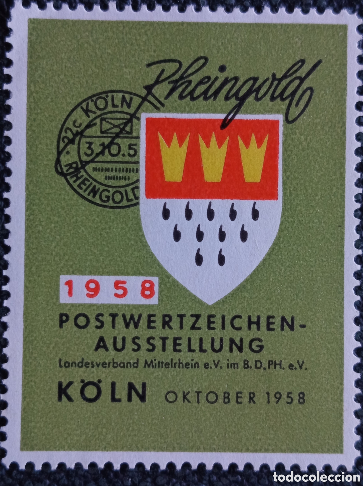 Sellos: Vi&ntilde;eta Alemania 1958 Exposici&oacute;n Filat&eacute;lica K&ouml;ln Rheingold Escudo Colonia BDPh MNH**