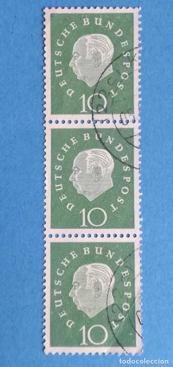 Sellos: Alemania Occidental. Deutsche Bundespost 10. Bloque de 3.