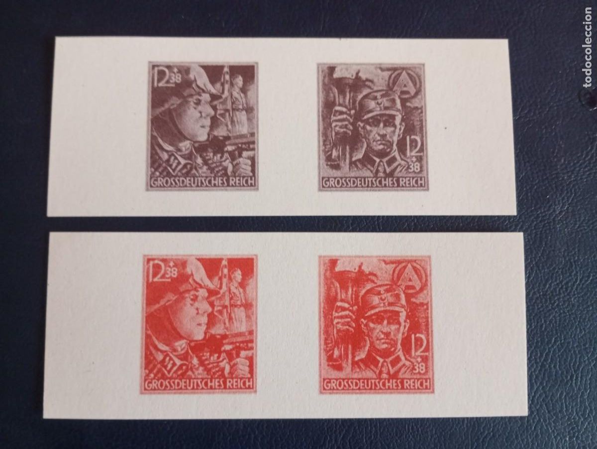 Sellos: ALEMANIA, 1945, EN HONOR DE LAS SA Y SS, PRUEBAS DE COLOR Y PAPEL, SIN DENTAR, R&Eacute;PLICAS