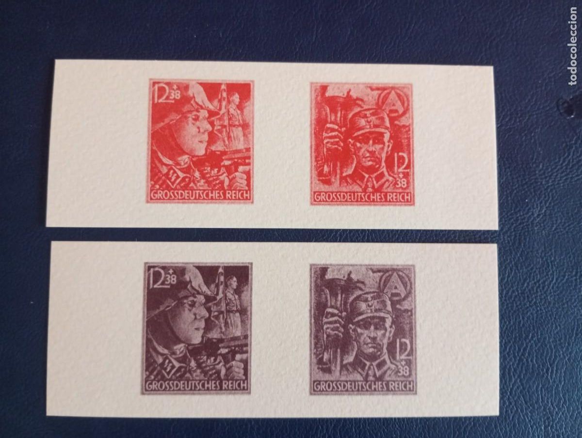 Sellos: ALEMANIA, 1945, EN HONOR DE LAS SA Y SS, PRUEBAS DE COLOR Y PAPEL, SIN DENTAR, R&Eacute;PLICAS