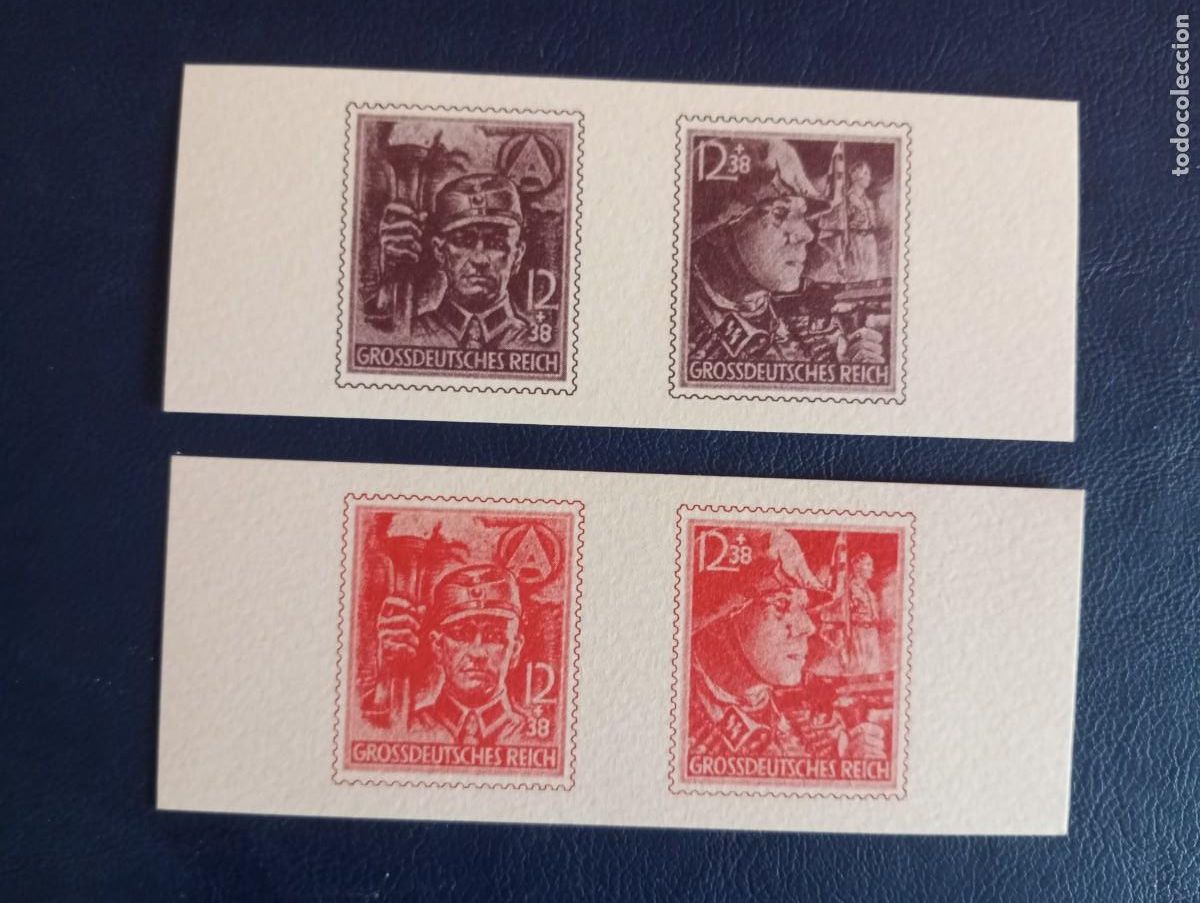 Sellos: ALEMANIA, 1945, EN HONOR DE LAS SA Y SS, PRUEBAS DE COLOR Y PAPEL, DENTADOS, R&Eacute;PLICAS