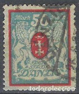 Sellos: DANZIG 1922 - ESCUDO, 50 MK AZUL CLARO/ROJO - USADO