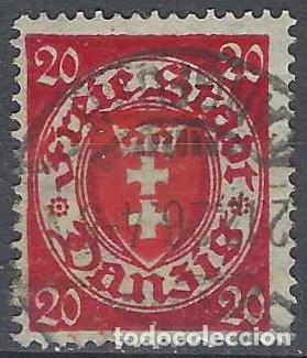 Selos: DANZIG 1924-33 - ESCUDO, 20 PF CARM&Iacute;N/ROJO - USADO