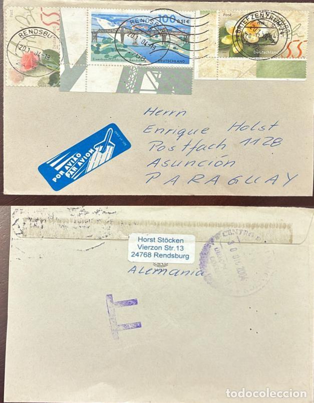 Sellos: TS.)2004, GERMANY, RENDSBURG TO ASUNCI&Oacute;N, AIRMAIL, THREE STAMPS: ON THE LEFT, &rdquo;FLOWERS&rdquo;, IN THE CENT