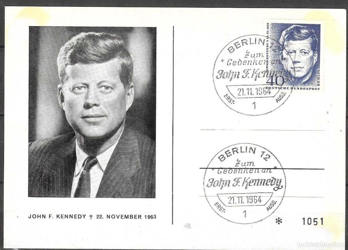 Sellos: Tarjeta M&aacute;xima / FDC Berl&iacute;n Occidental 1964 &ndash; Conmemoraci&oacute;n John F. Kennedy (JFK)