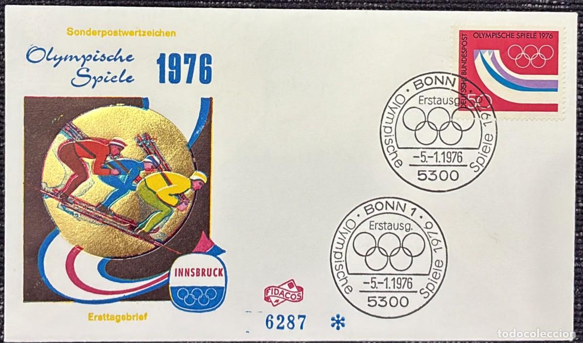 Sellos: TS.)1976, GERMANY, BONN, FIRST DAY COVER, PRE-PRINTED WITH A LARGE GOLD CIRCLE DEPICTING THREE SKIER