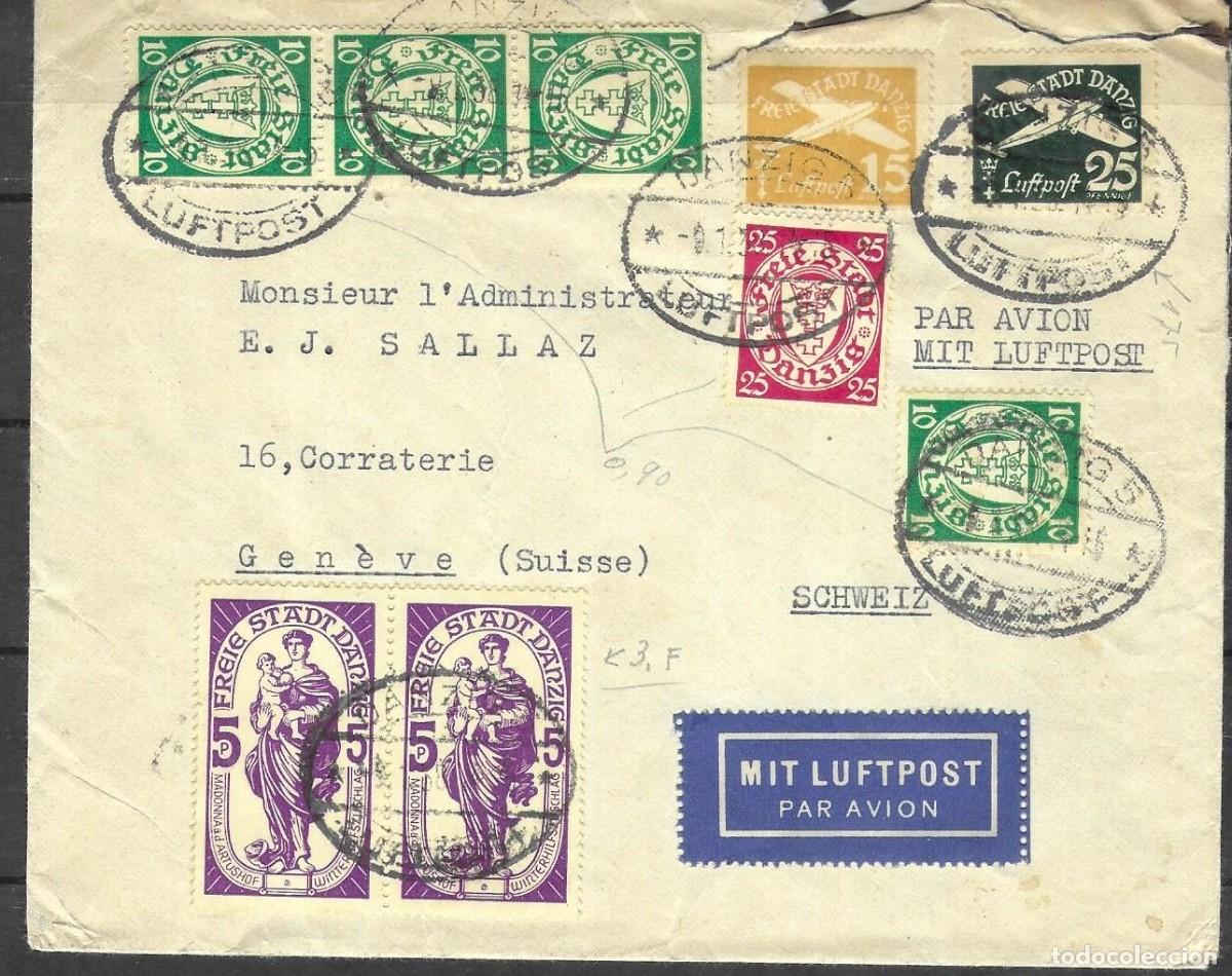 Sellos: Danzig A&ntilde;os 1930 - Carta por Avi&oacute;n hacia Ginebra - Franqueo Mixto Auxilio de Invierno