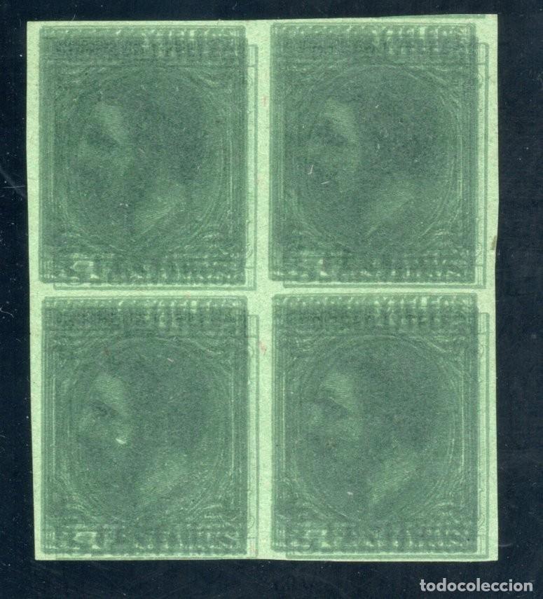 Sellos: EDIFIL 201 ALFONSO XII. A&Ntilde;O 1879. BLOQUE DE 4 (VARIEDAD..DOBLE IMPRESI&Oacute;N/MACULATURA).