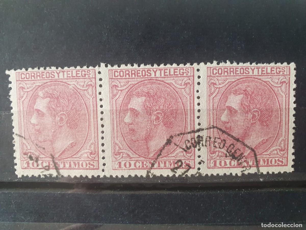 Sellos: EDIFIL 202 BLOQUE DE 3 USADO ALFONSO XII ESPA&Ntilde;A 1879