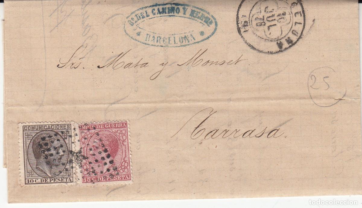 Sellos: 1878 CARTA CON NUMS.188 Y 192 DE BARCELONA A TERRASSA CON ROMBO DE PUNTOS Y TR&Eacute;BOL