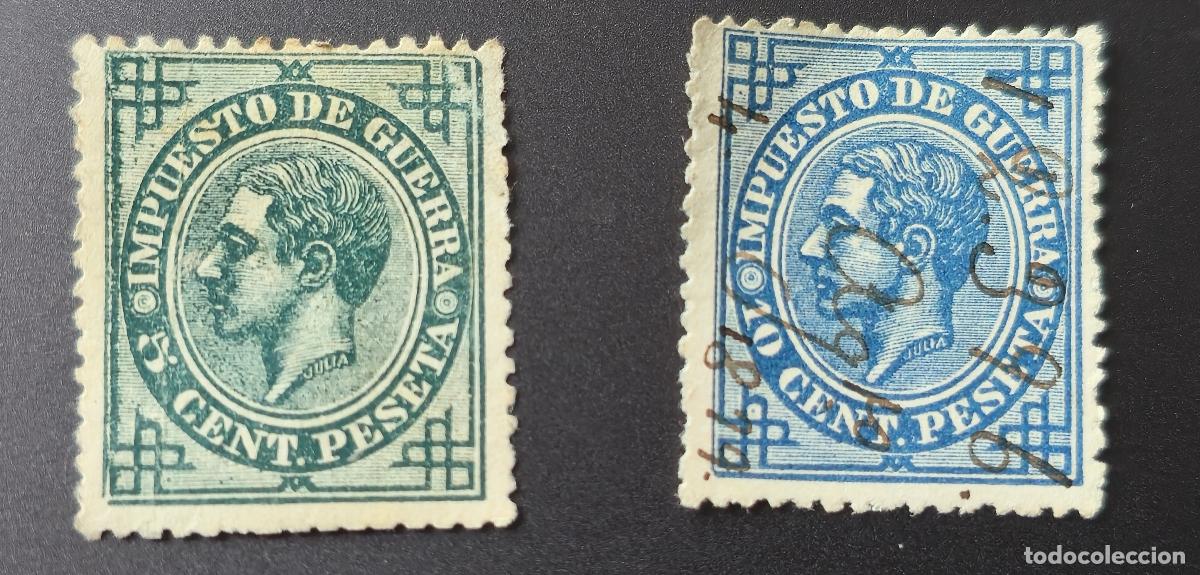 Sellos: 2 Sellos Espa&ntilde;a 1876 Alfonso XII -IMPUESTO DE GUERRA - 5 y 10 centimos