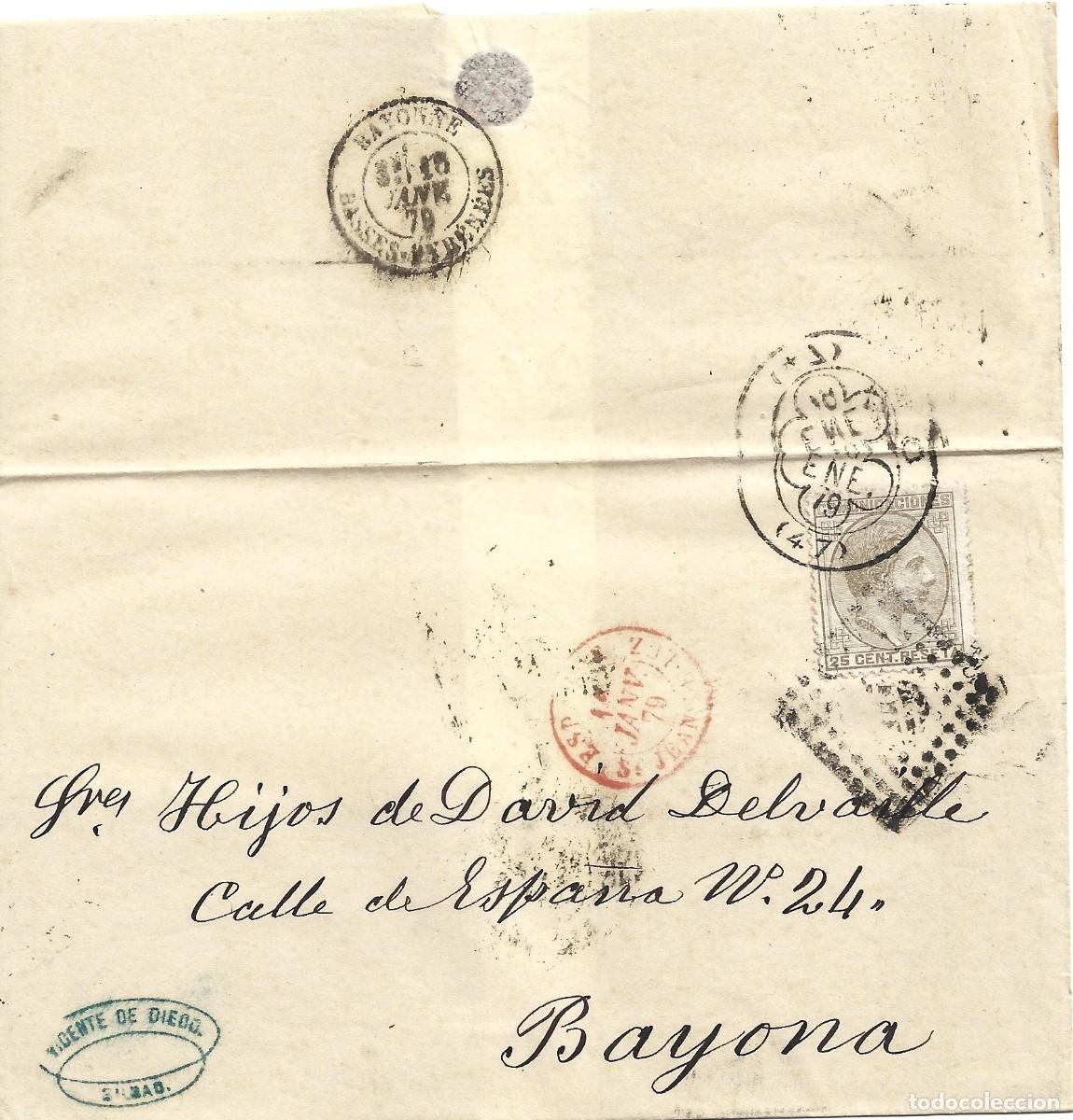 Sellos: 1879 Carta envuelta Bilbao a Francia Franqueo 25c Alfonso XII emisi&oacute;n 18878