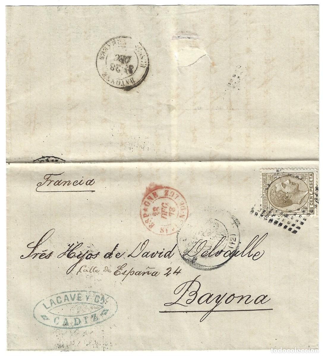 Sellos: Carta envuelta C&aacute;diz a Francia Franqueo 25c Alfonso XII emisi&oacute;n 1878