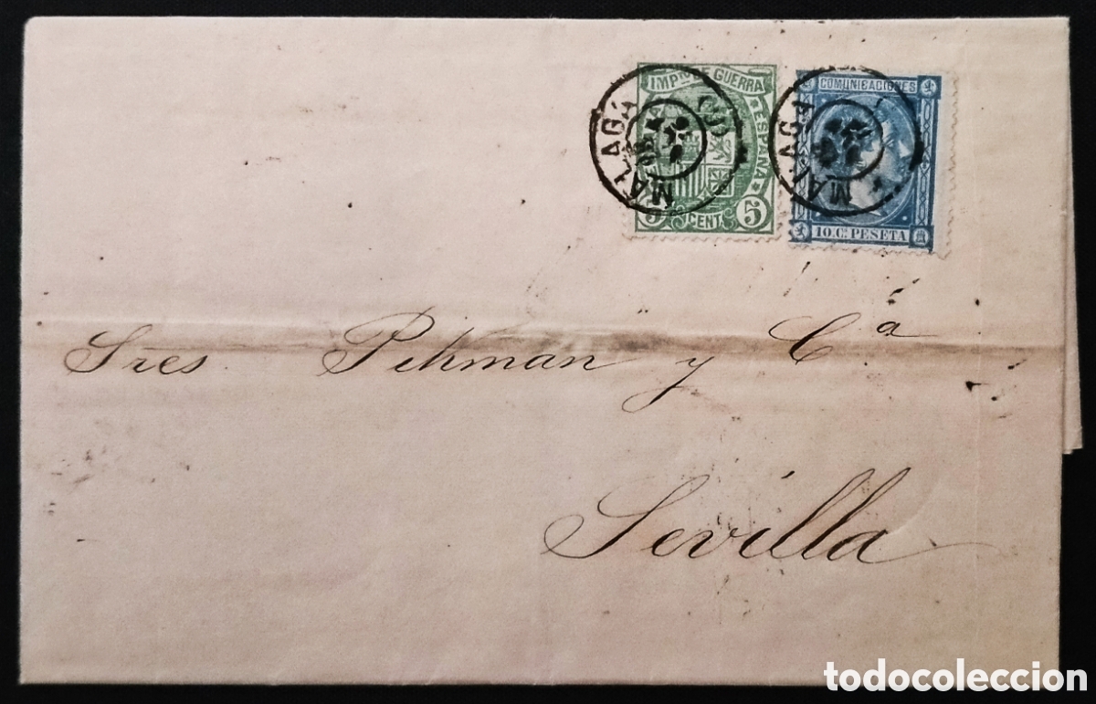 Sellos: ESPA&Ntilde;A. (Cat. 154, 164). 1875. Carta de M&Aacute;LAGA a SEVILLA. 10 y 5 C. Mat. FECHADOR M&Aacute;LAGA SUPLENTE