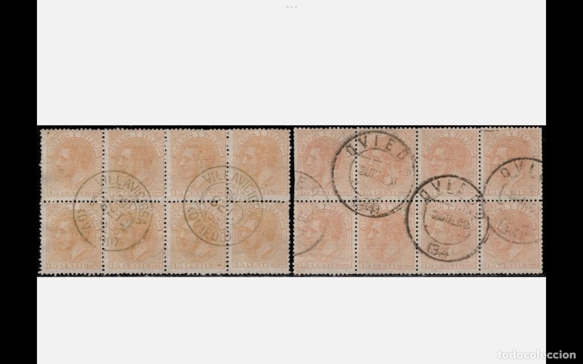 Francobolli: ESPA&Ntilde;A - 1882 - EDIFIL 210 EN 2 BLOQUES DE 8 - MATASELLOS FECHADORES OVIEDO-VILLAVICIOSA