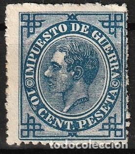 Sellos: Espa&ntilde;a edf n&ordm;184.Azul 10c.Sello suelto Nuevo con charnela MH.Alfonso XII.1876