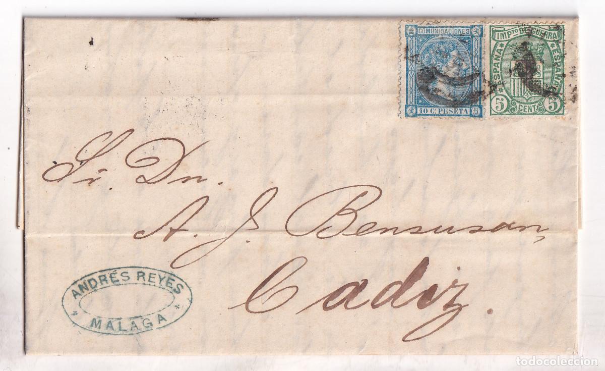 Sellos: CARTA ENTERA. M&Aacute;LAGA A C&Aacute;DIZ. IMPUESTO DE GUERRA. 1875. SOBRE FLETES